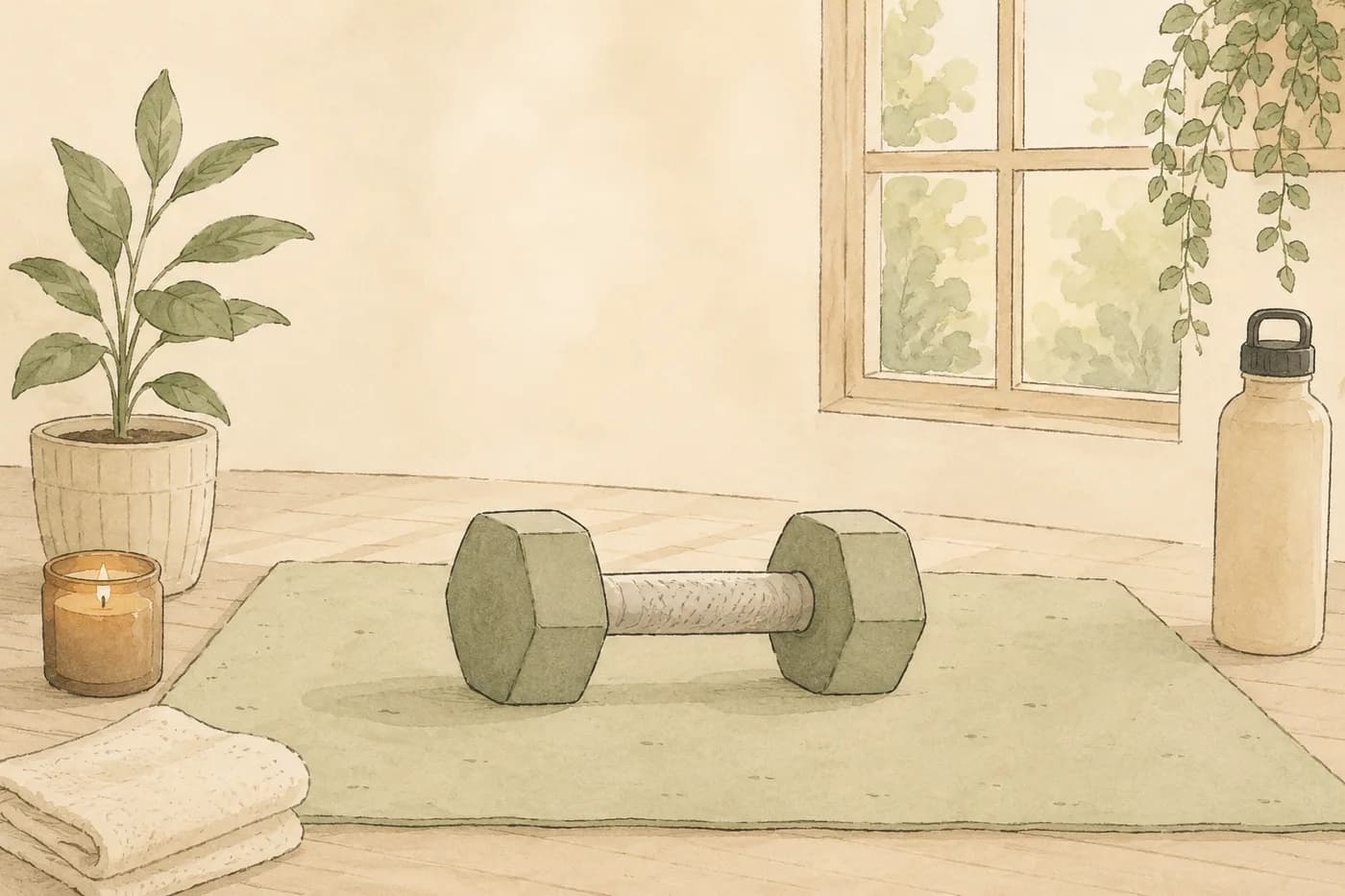 Cozy workout app concept screen with calm fitness tracking interface