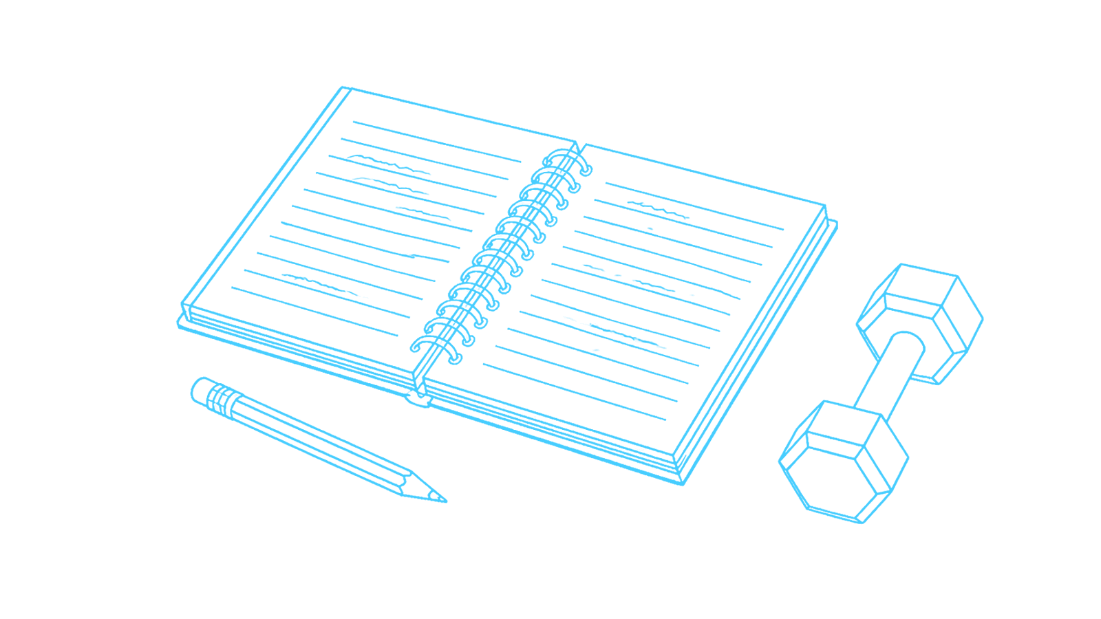 Blueprint line drawing of an open workout logbook with a pencil and a single dumbbell